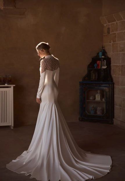 Celia — Pearl-Draped Crepe Bridal Gown