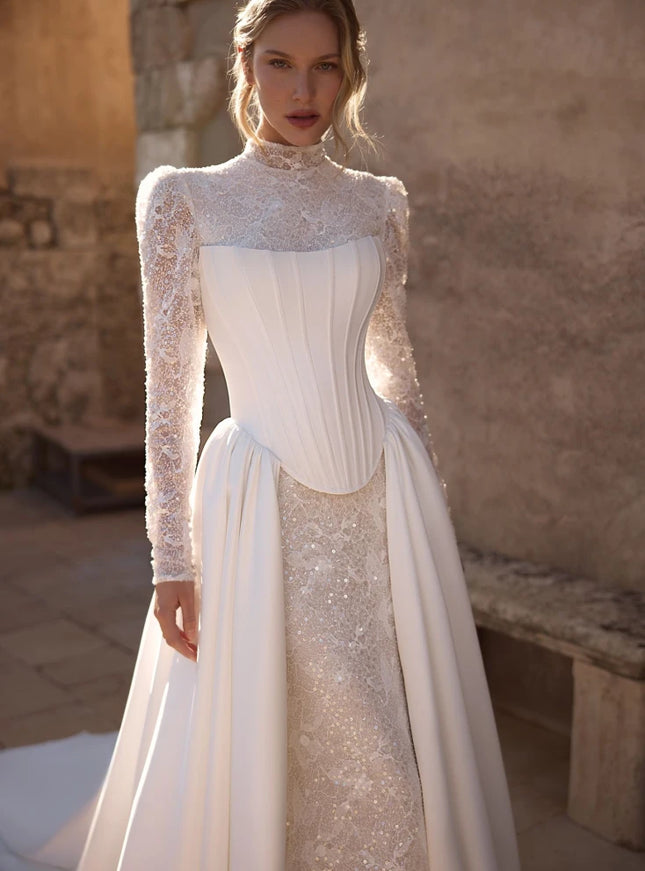 Wolffa Long-Sleeve Lace Fishtail Wedding Dress