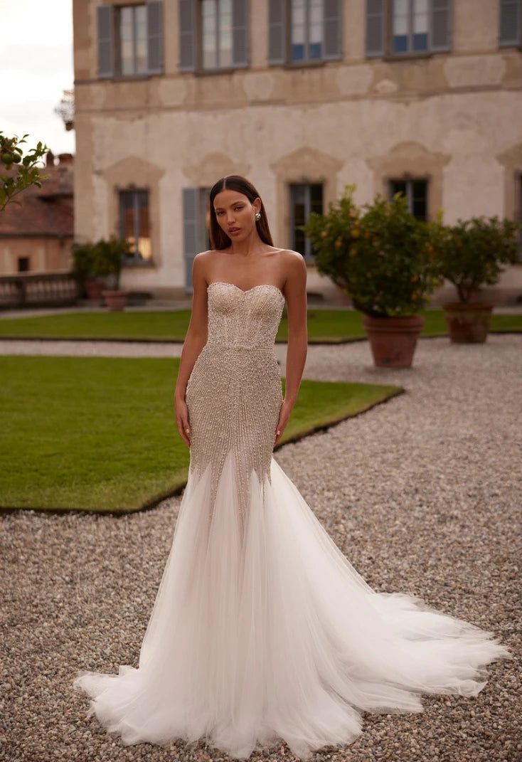 crystal beaded mermaid wedding dress Crystal Beaded Mermaid Wedding Dress with Illusion Neckline Rosymae
