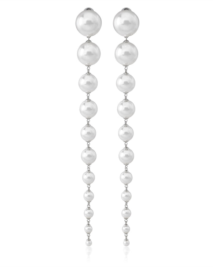 Graduated Pearl Drop Earrings — Rhodium-Plated Silver (Two Lengths)