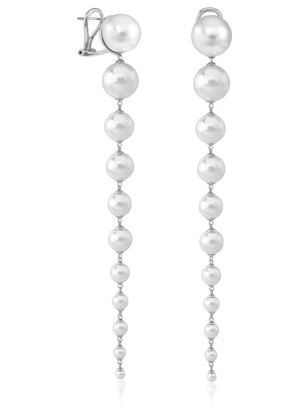 Graduated Pearl Drop Earrings — Rhodium-Plated Silver (Two Lengths)