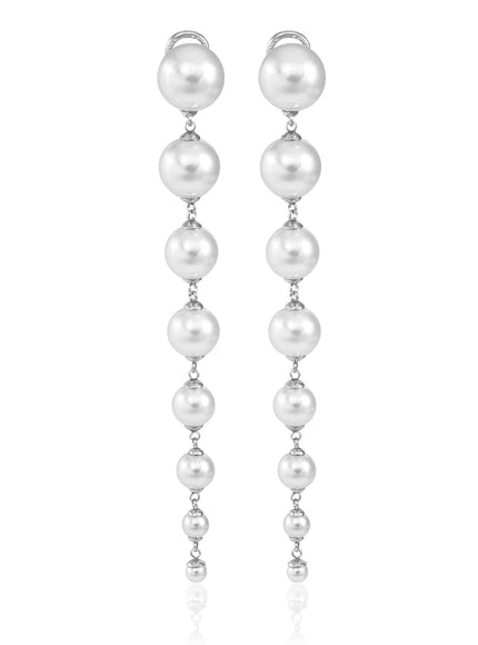 Graduated Pearl Drop Earrings — Rhodium-Plated Silver (Two Lengths)