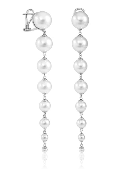 Graduated Pearl Drop Earrings — Rhodium-Plated Silver (Two Lengths)