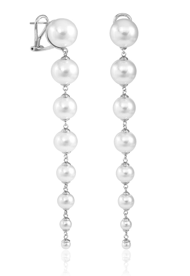 Graduated Pearl Drop Earrings — Rhodium-Plated Silver (Two Lengths)
