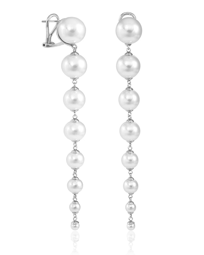 Graduated Pearl Drop Earrings — Rhodium-Plated Silver (Two Lengths)