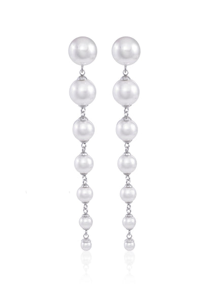 Graduated Pearl Drop Earrings — Rhodium-Plated Silver (Two Lengths)