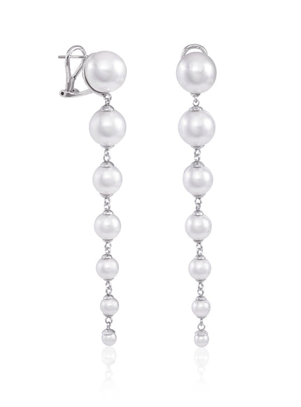 Graduated Pearl Drop Earrings — Rhodium-Plated Silver (Two Lengths)