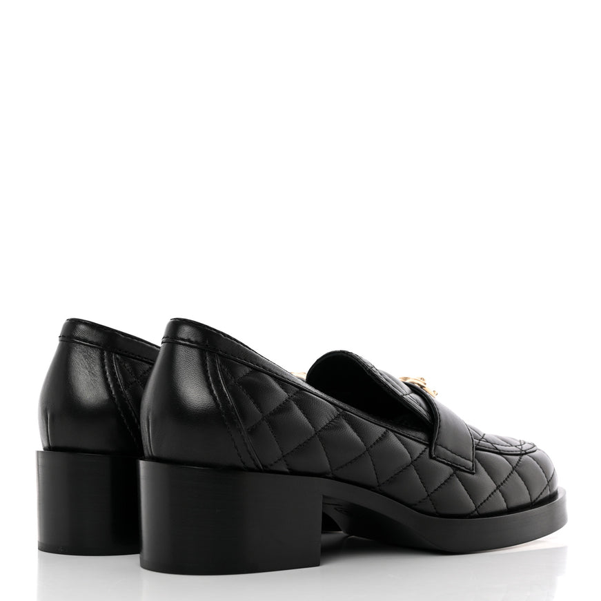 Chanel CC Quilted Heart Heel Loafers Black Lambskin Light Gold