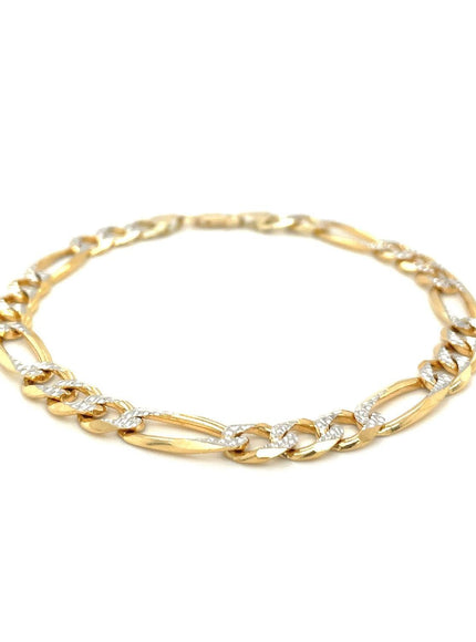 7.0mm 14K Yellow Two Tone Solid Pave Figaro Bracelet - Ellie Belle