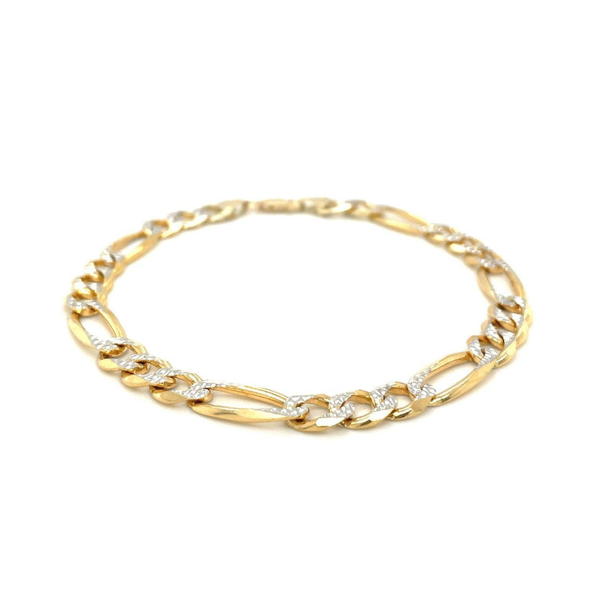 7.0mm 14K Yellow Two Tone Solid Pave Figaro Bracelet - Ellie Belle