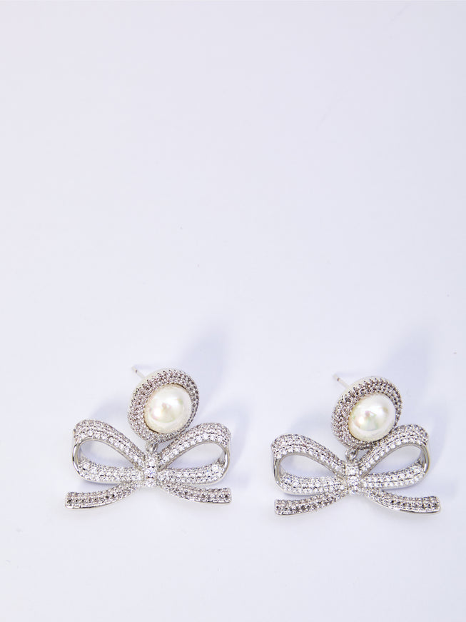 Self Portrait Pearl Bow Drop Earrings QT Silver