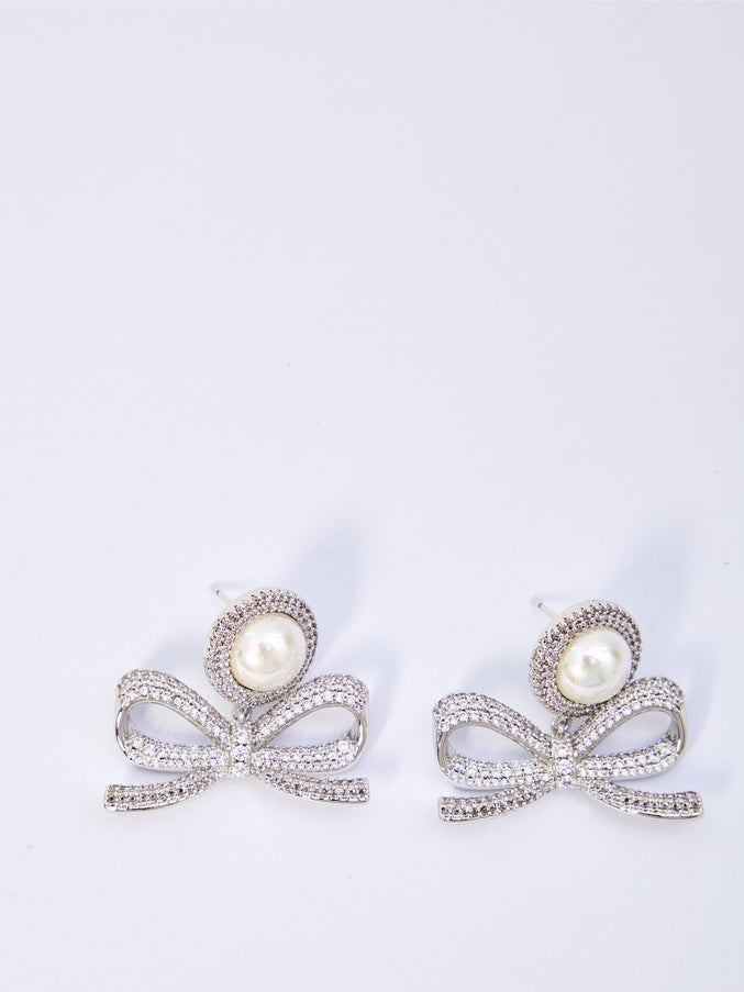 Self Portrait Pearl Bow Drop Earrings QT Silver