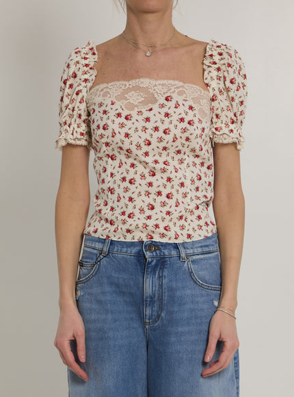 Dolce & Gabbana Charmeuse Top With Rose Print White