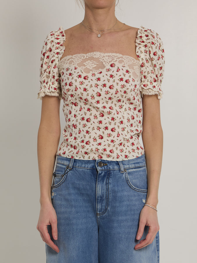 Dolce & Gabbana Charmeuse Top With Rose Print White
