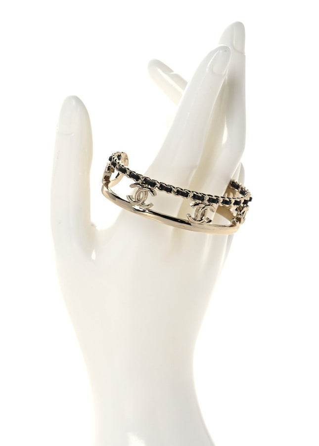 Chanel Coco Mark Logo Leather and Gold Bracelet Bangle