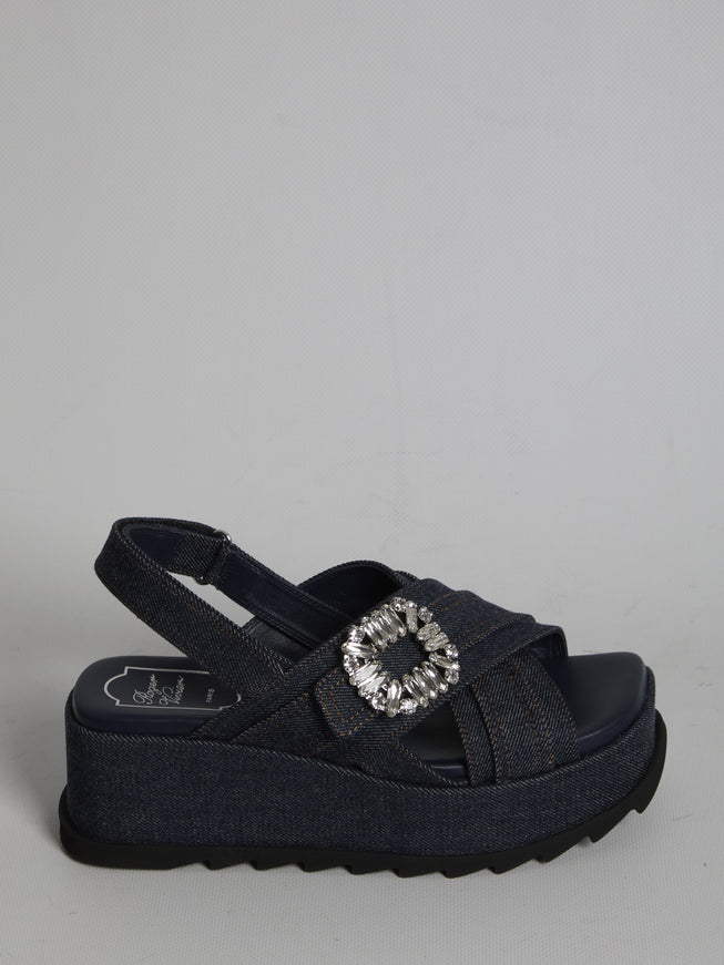 Roger Vivier Denim Wedge Sandals Black