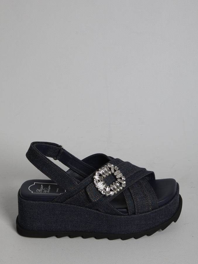 Roger Vivier Denim Wedge Sandals Black