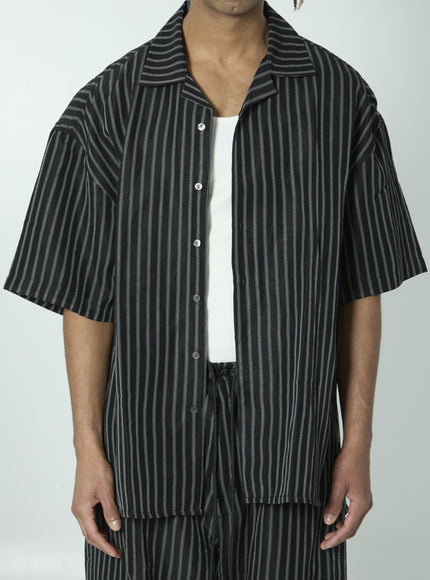 Willy Chavarria Striped Camp Collar Shirt Black