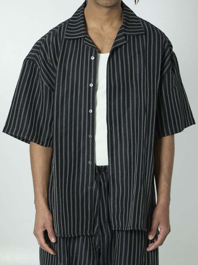 Willy Chavarria Striped Camp Collar Shirt Black