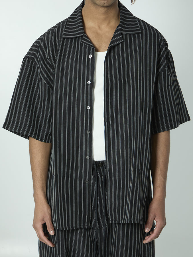 Willy Chavarria Striped Camp Collar Shirt Black