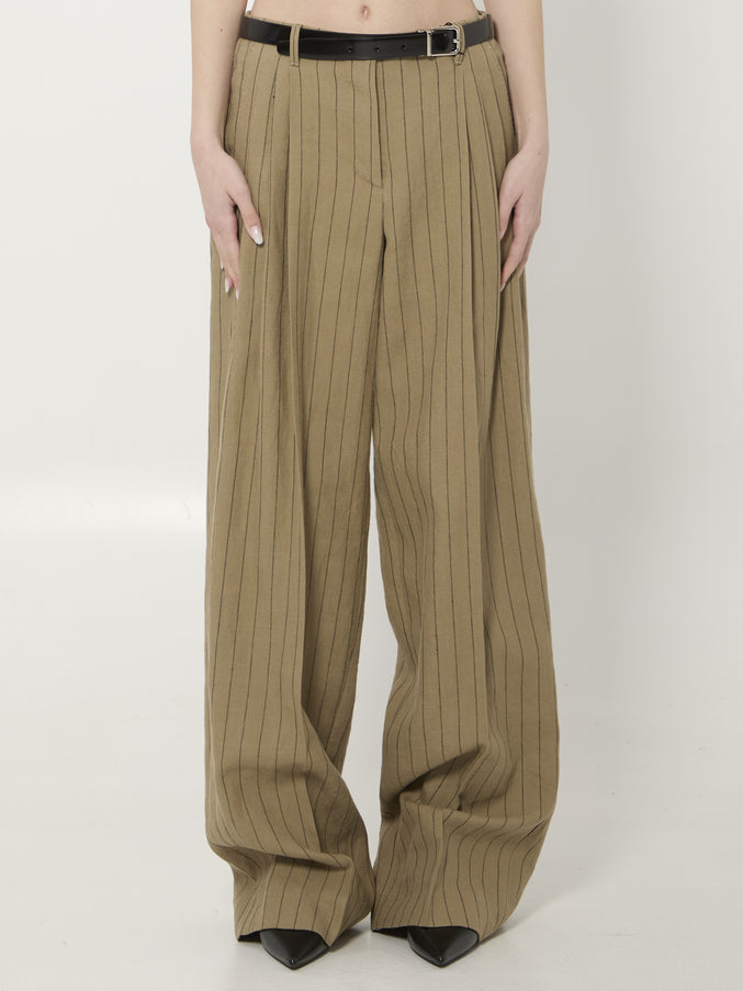 Dolce & Gabbana Pinstriped Virgin Wool And Linen Trousers Beige