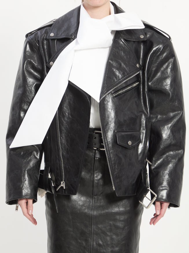 Saint Laurent Hammered Leather Biker Jacket 36 Black