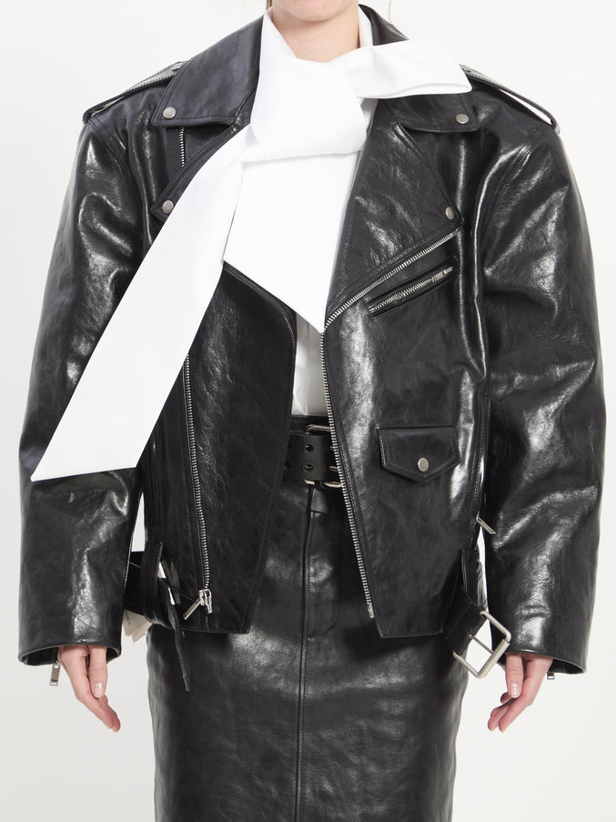 Saint Laurent Hammered Leather Biker Jacket 36 Black