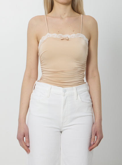 Chloe Gathered Bodysuit With Lace Pink