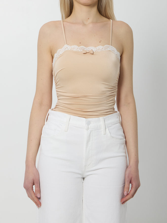 Chloe Gathered Bodysuit With Lace Pink