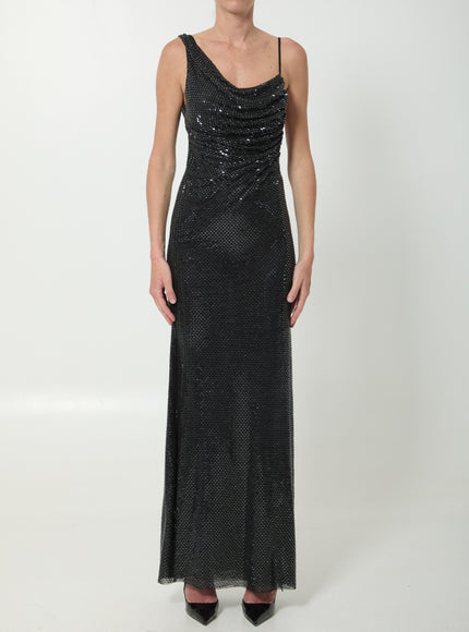 Self Portrait Black Rhinestones Draped Maxi Dress Black