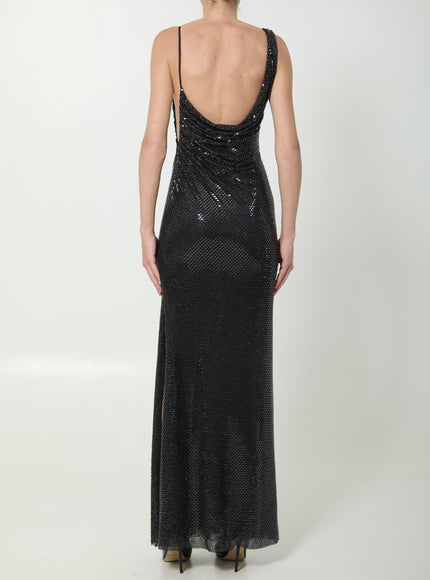 Self Portrait Black Rhinestones Draped Maxi Dress