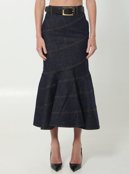 Self Portrait Indigo Denim Belted Midi Skirt Blue