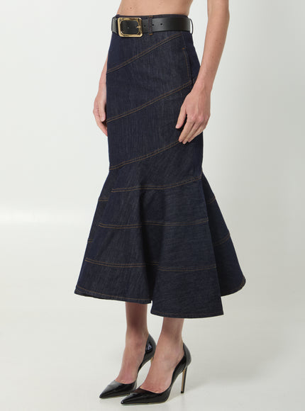 Self Portrait Indigo Denim Belted Midi Skirt