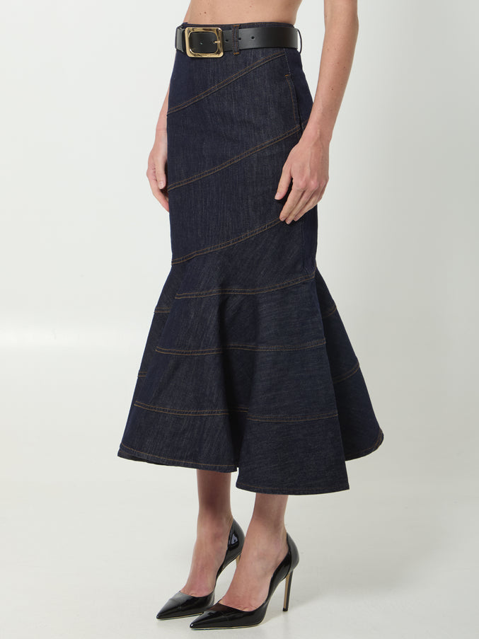 Self Portrait Indigo Denim Belted Midi Skirt