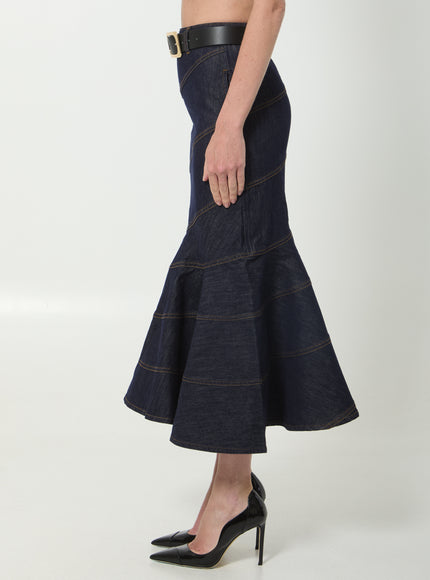Self Portrait Indigo Denim Belted Midi Skirt