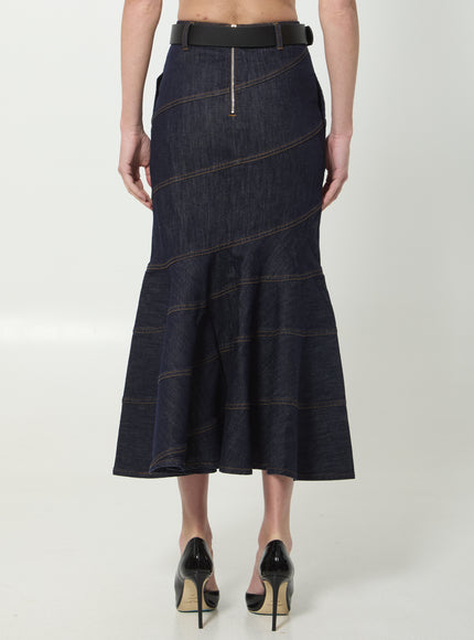 Self Portrait Indigo Denim Belted Midi Skirt