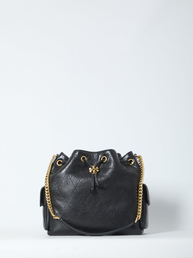 Tory Burch Charlie Quilted Drawstring Bag QT Black