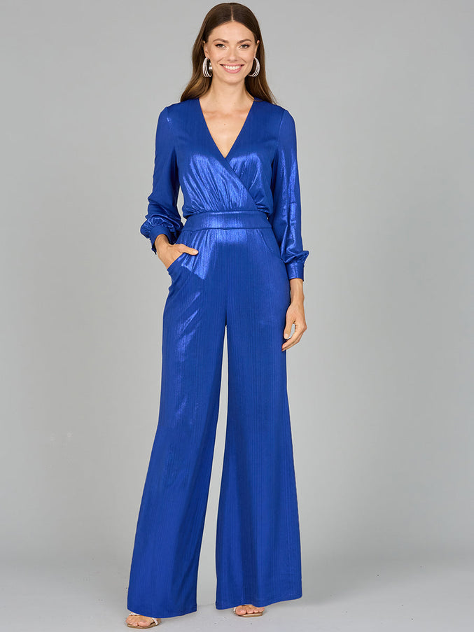 Lara New York 8121 Metallic Shimmer Jumpsuit with Pockets Blue