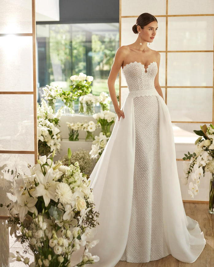 Rosa Clará Couture Miranda Strapless Lace Wedding Dress With Skirt Overlay