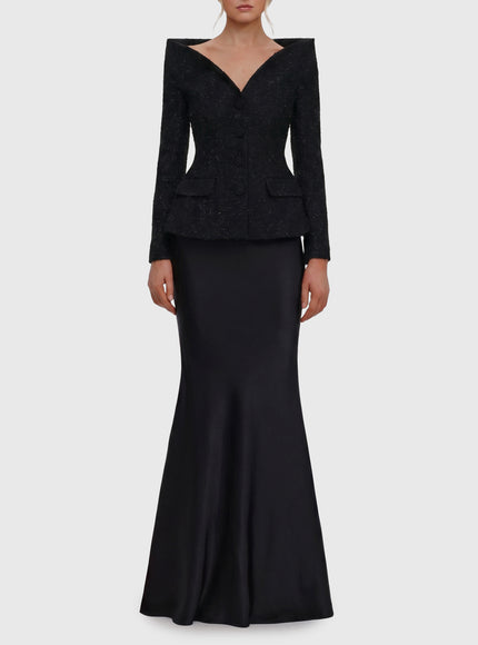 Self Portrait Metallic Bouclé Satin Maxi Dress Black
