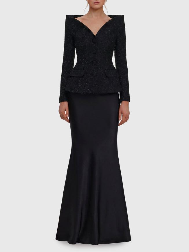 Self Portrait Metallic Bouclé Satin Maxi Dress Black
