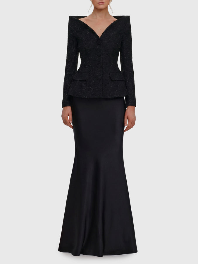 Self Portrait Metallic Bouclé Satin Maxi Dress Black