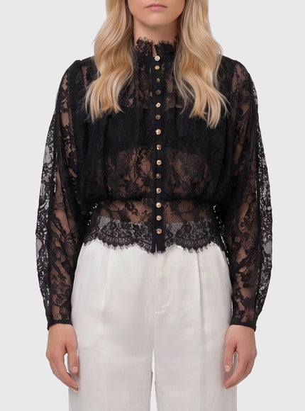 Self Portrait Lace High Neck Blouse Black