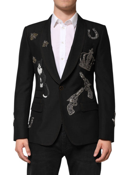 Dolce & Gabbana Black Bee Crown Embellished Suit Coat Blazer