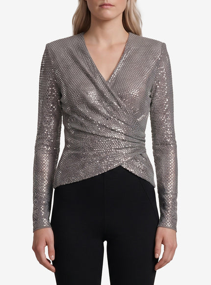 Self Portrait Grey Rhinestone Mesh Wrap Top Grey