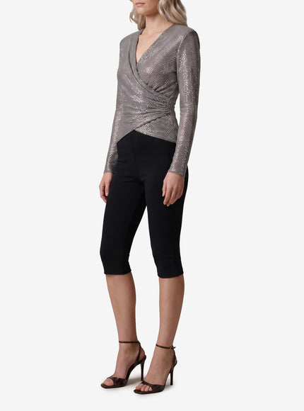 Self Portrait Grey Rhinestone Mesh Wrap Top