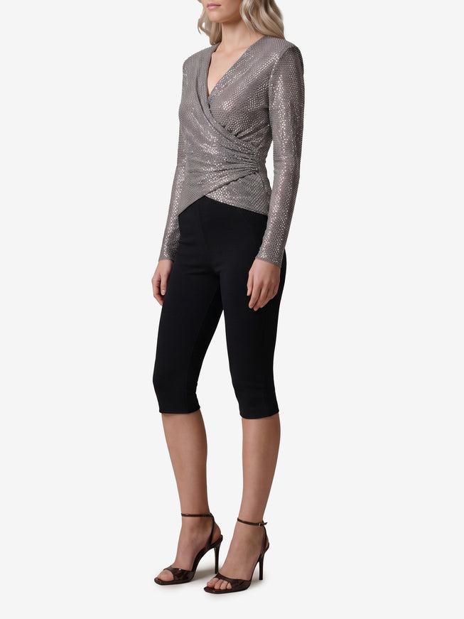 Self Portrait Grey Rhinestone Mesh Wrap Top