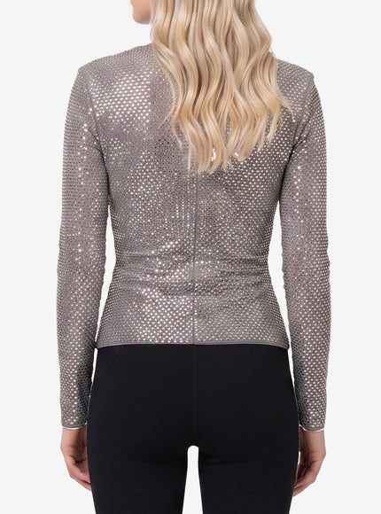 Self Portrait Grey Rhinestone Mesh Wrap Top