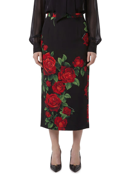 Dolce & Gabbana Red Rose Print Midi Skirt Black
