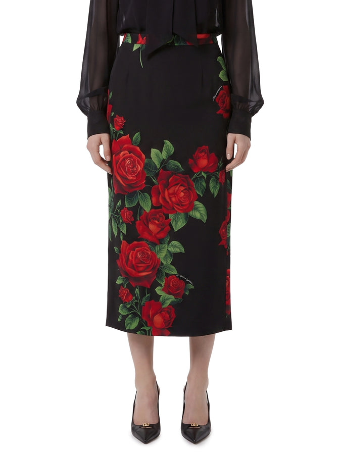 Dolce & Gabbana Red Rose Print Midi Skirt Black